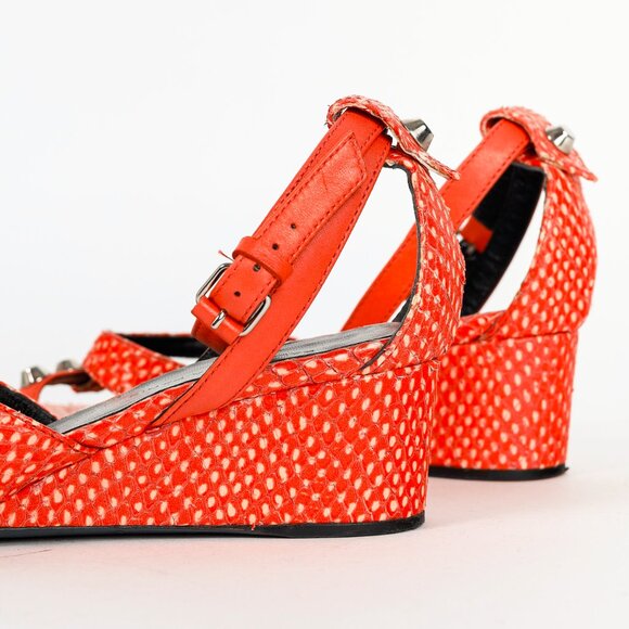Balenciaga Orange Snakeskin-Embossed Studded Wedge Sandals - Picture 8 of 11